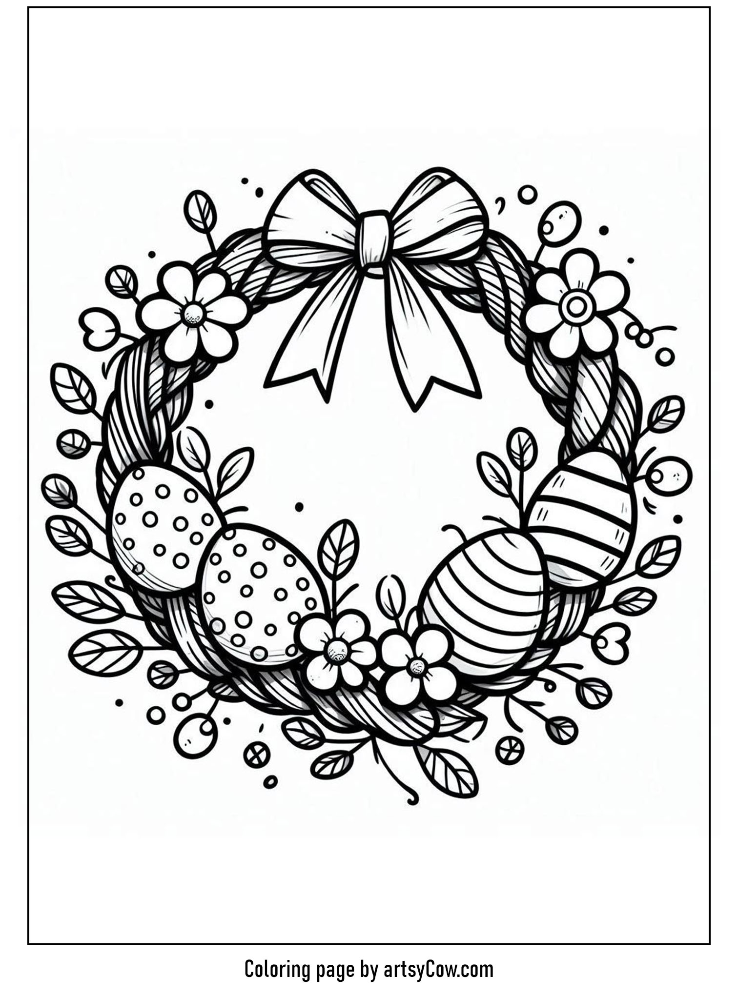 easter coloring pages for kids featuring a beautiful Easter wreath adorned with flowers and decorated eggs, tied with a ribbon bow.